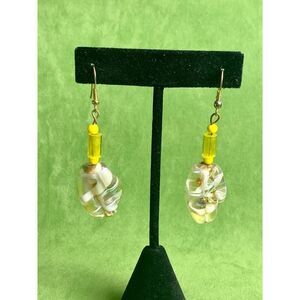 Handmade Dichroic Fused Glass Yellow drop earrings, Unmarked